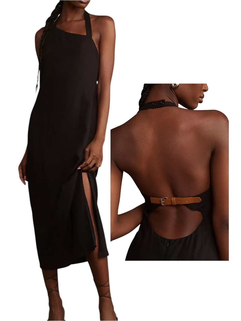 Anthropologie Backless Halter Midi Dress in Black with Tan Buckle